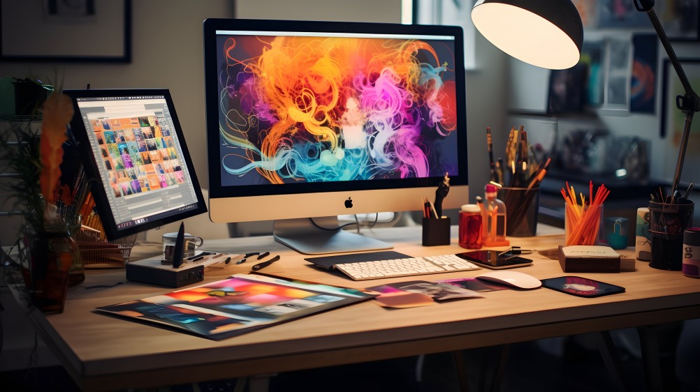 Graphic designer's desk adorned with sketches,